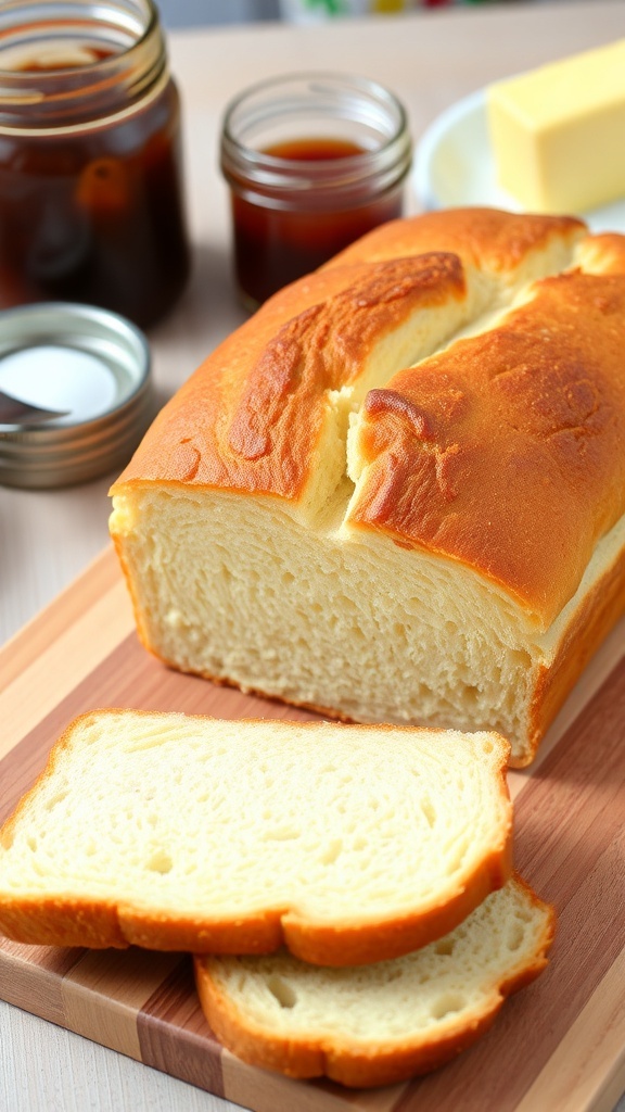 Simple 3-Ingredient Sandwich Bread Recipe A loaf of freshly baked sandwich bread on a wooden board, sliced to show its fluffy texture.